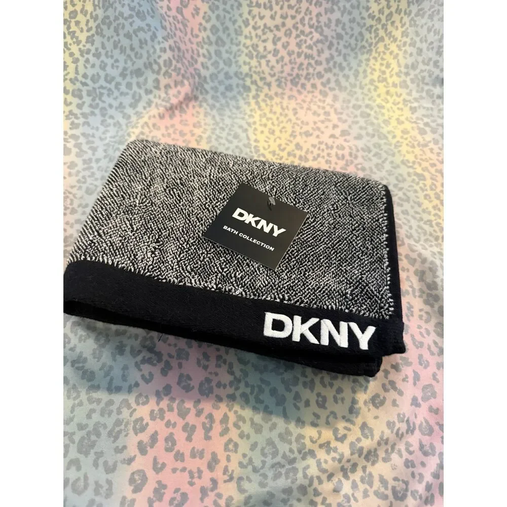 DKNY Bath Towel Black Gray Logo Trim Cotton Bath Collection 28x18.5 NWT